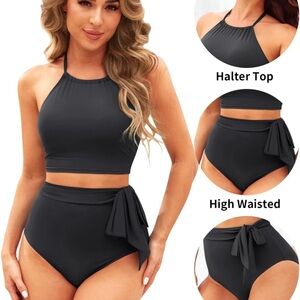 Women's High-Neck Halter Bikini Set in Black - High-Waist Tie